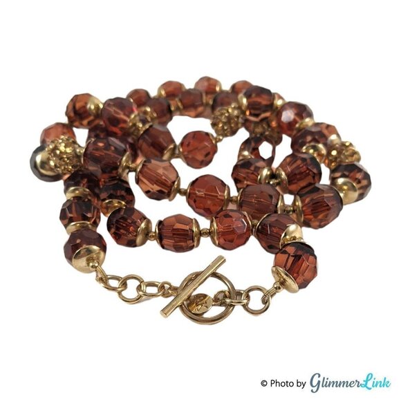 Anne Klein Brown & Gold Tone Cathedral & Rhinestone Beads Necklace - Picture 6 of 8